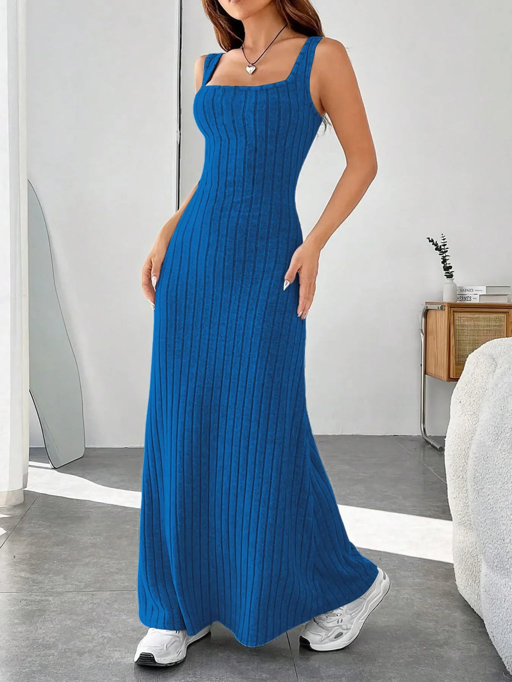 Ribbed Knit Square Neck Sleeveless Maxi Dress