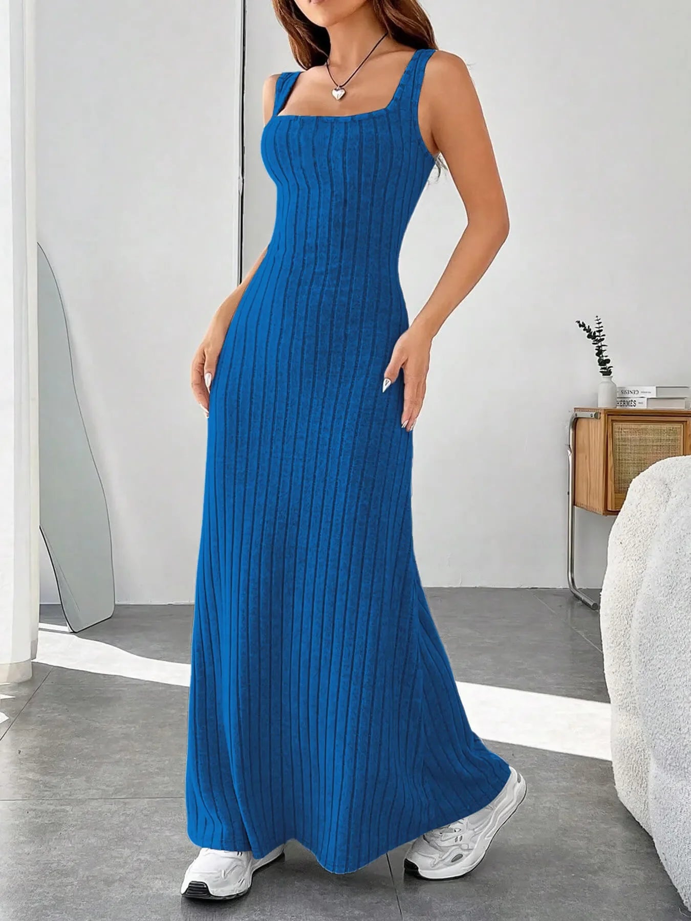 Ribbed Knit Square Neck Sleeveless Maxi Dress