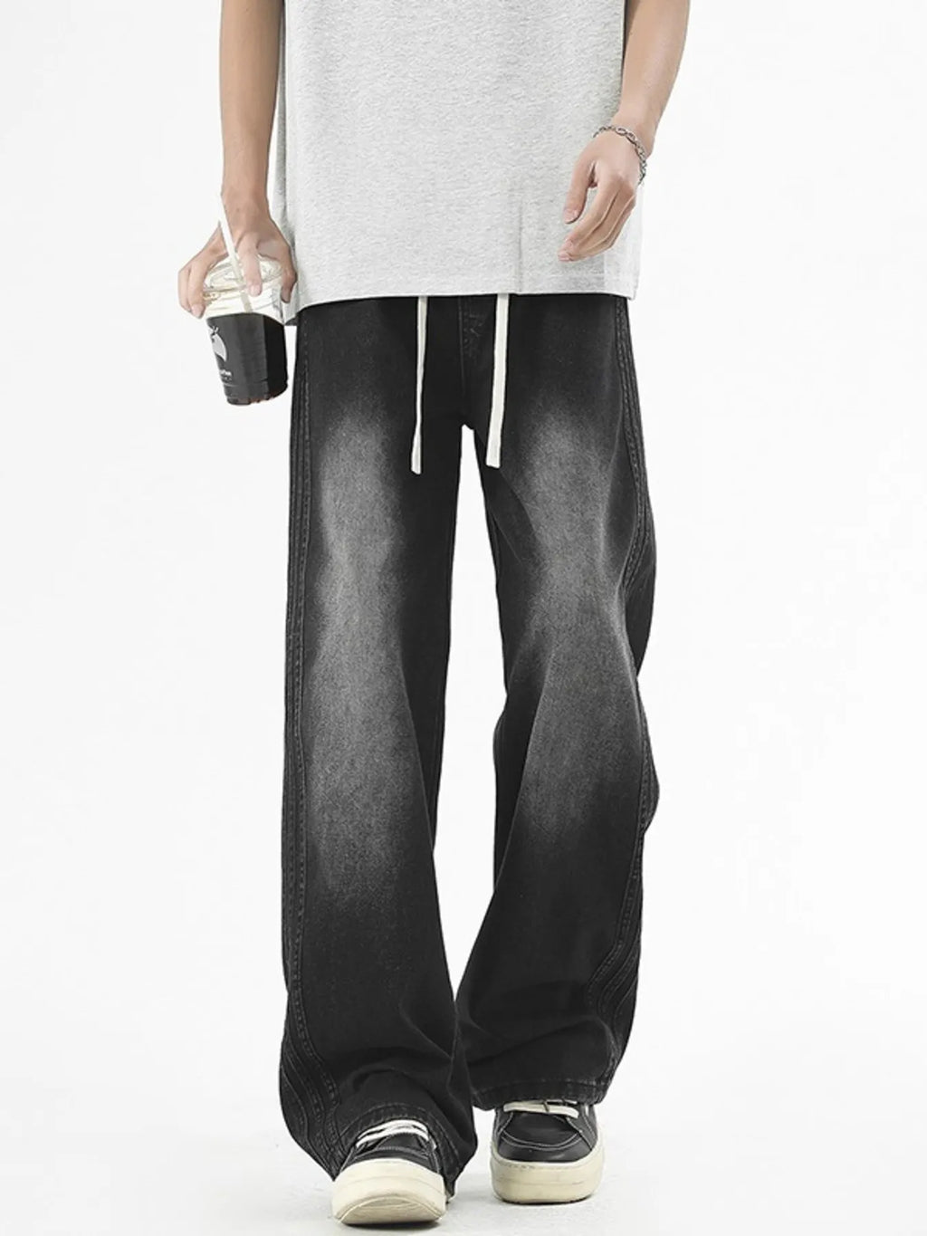 Men's Plus Size Drawstring Washed Wide Leg Jeans