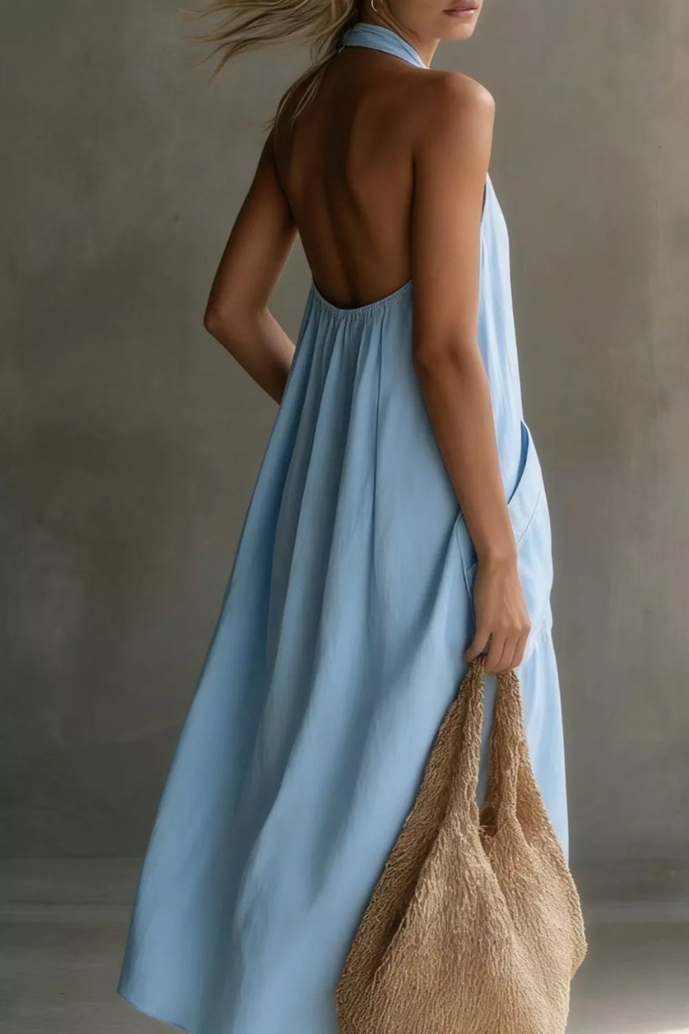 Casual Halter Neck Pocket Midi Dress