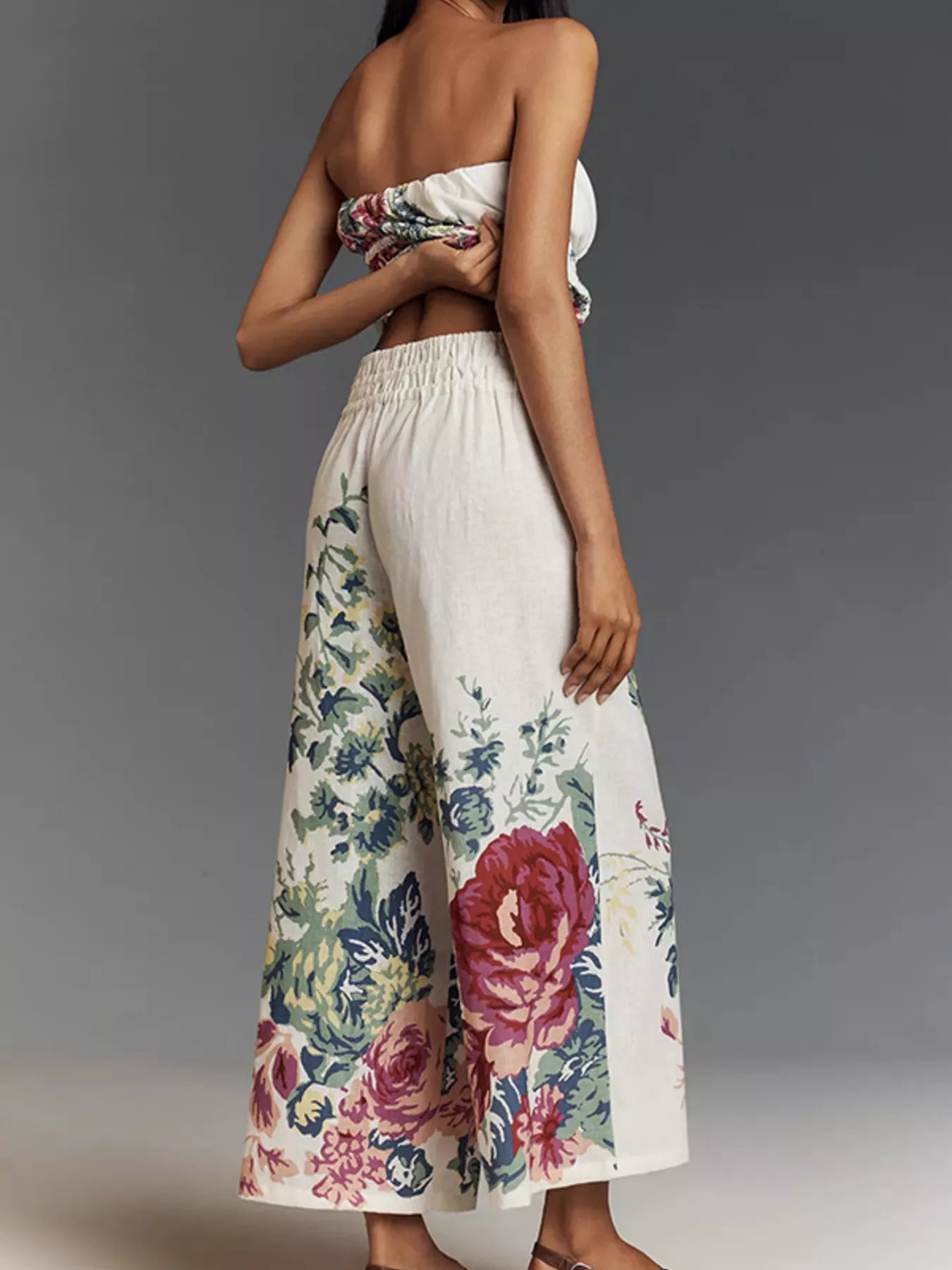 Floral Print Strapless Top and Wide-Leg Pants Set
