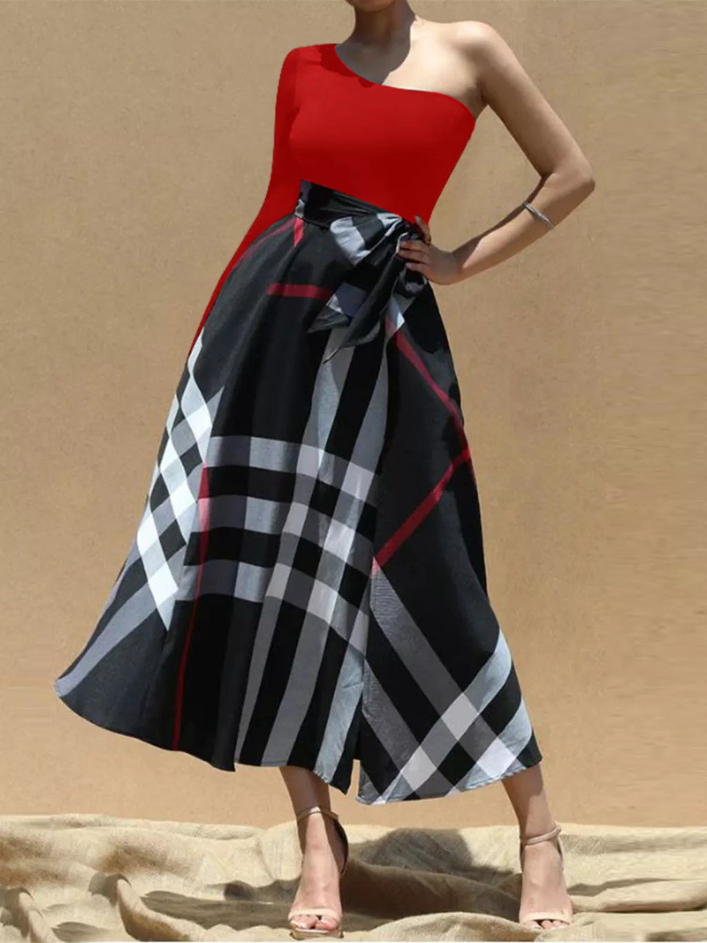 Asymmetrical One-Sleeve Plaid Midi Dress with Waist Tie