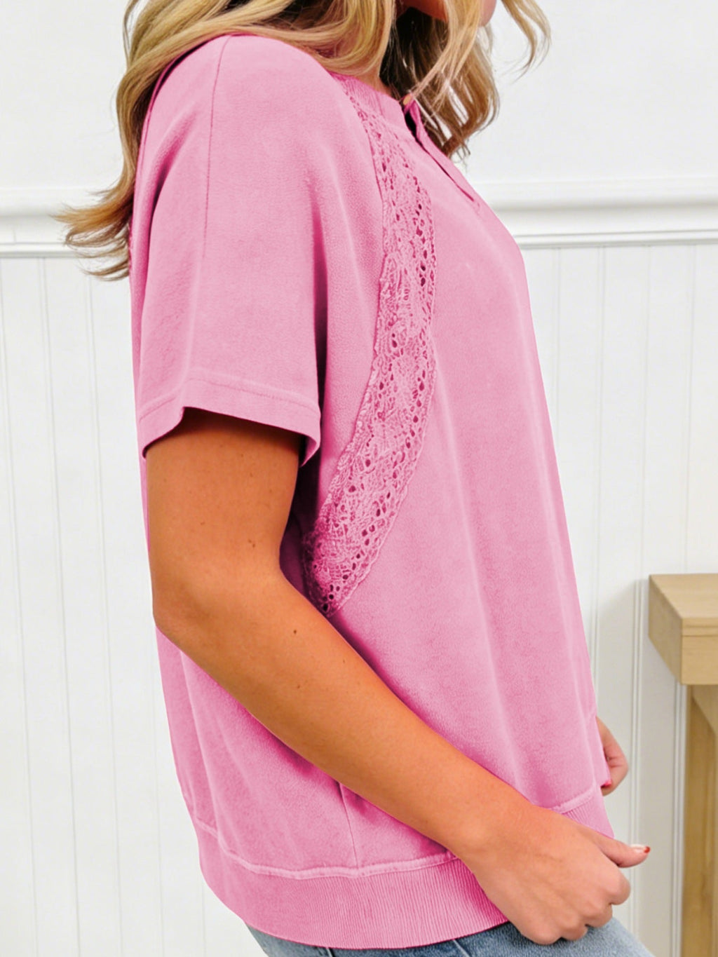Raw Cut Notched Neck Lace Patchwork Detail Mineral Wash Tee