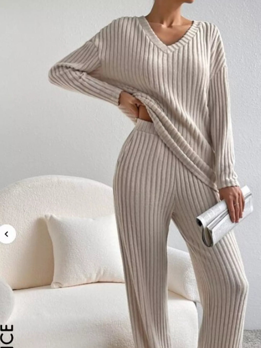 Ribbed Knit V-Neck Top and Pants Set