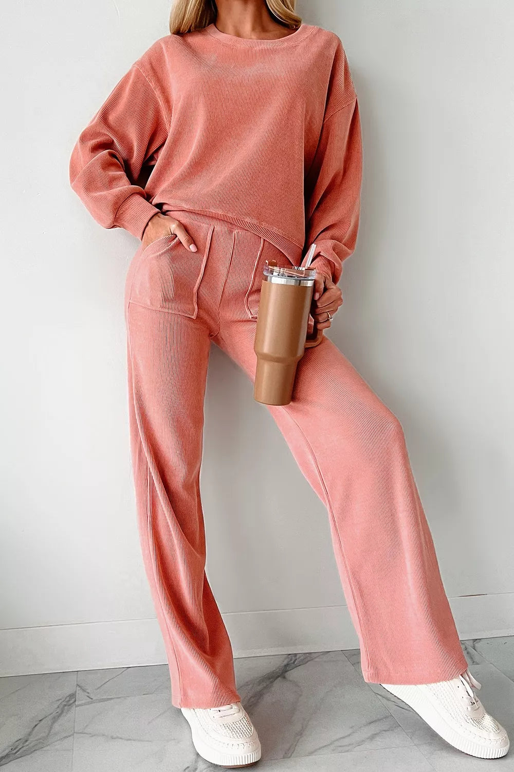 Ribbed Round Neck Top and Pants Set