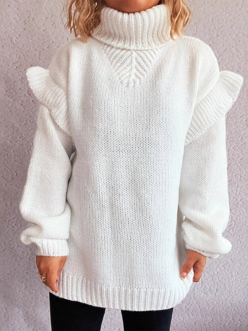 Ruffled Turtleneck Long Sleeve Sweater