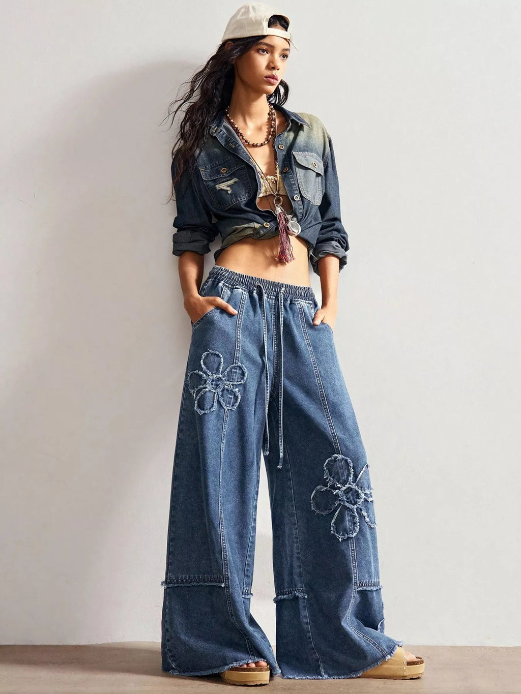 Floral Appliques Wide Leg Jeans