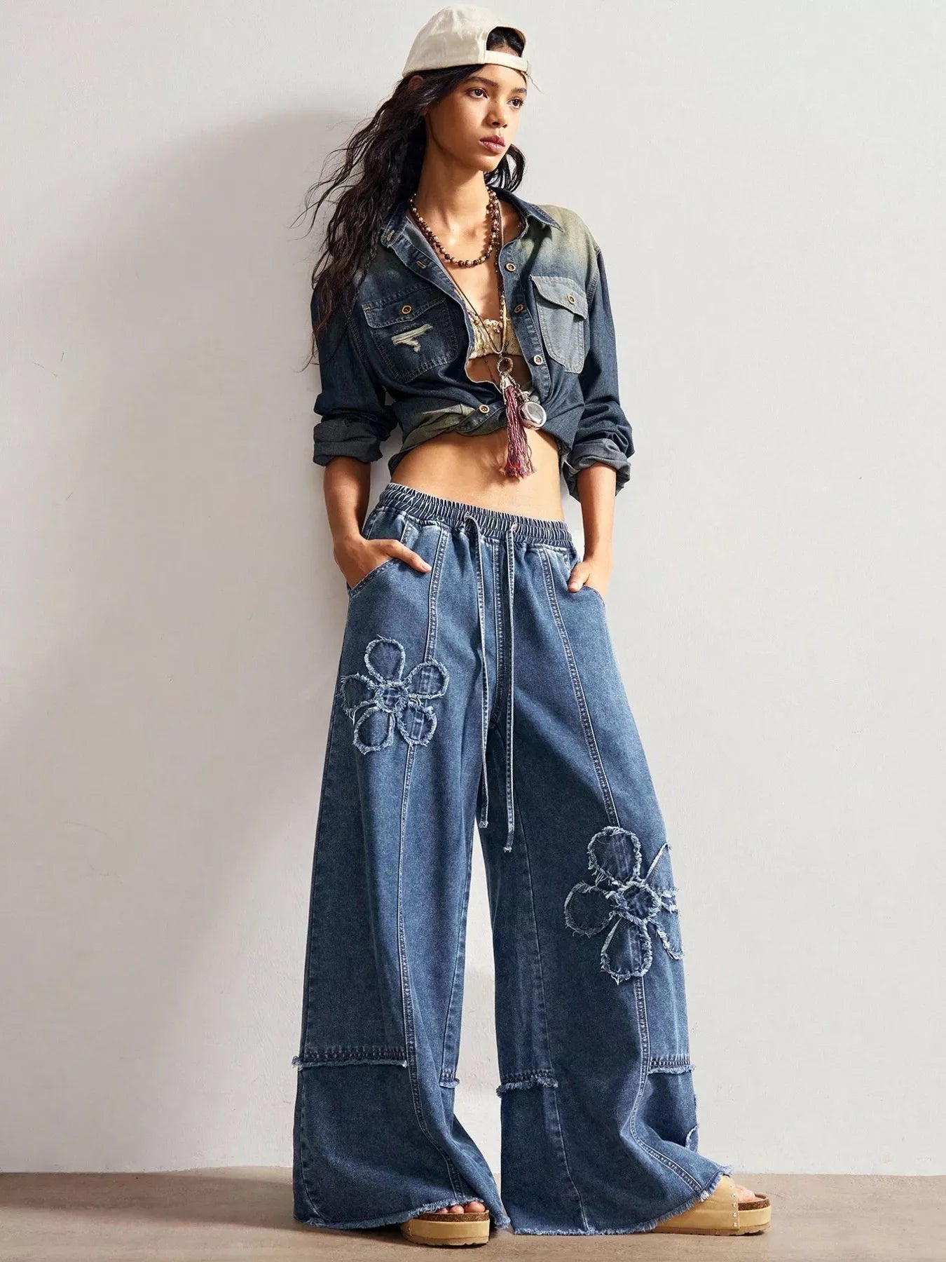Floral Appliques Wide Leg Jeans