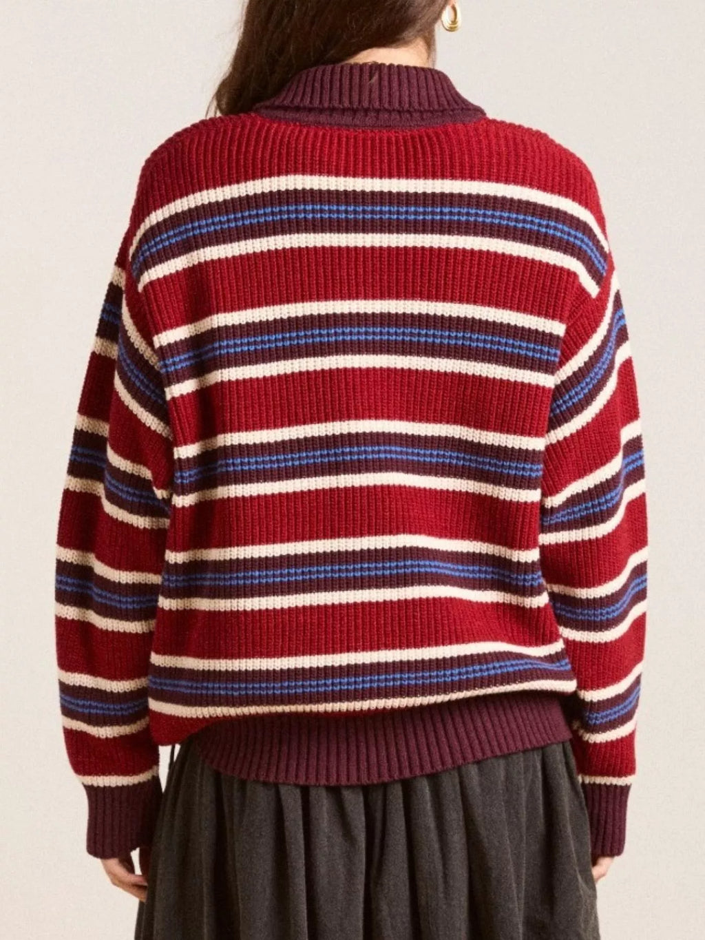 Striped Button Detail Polo Collar Sweater