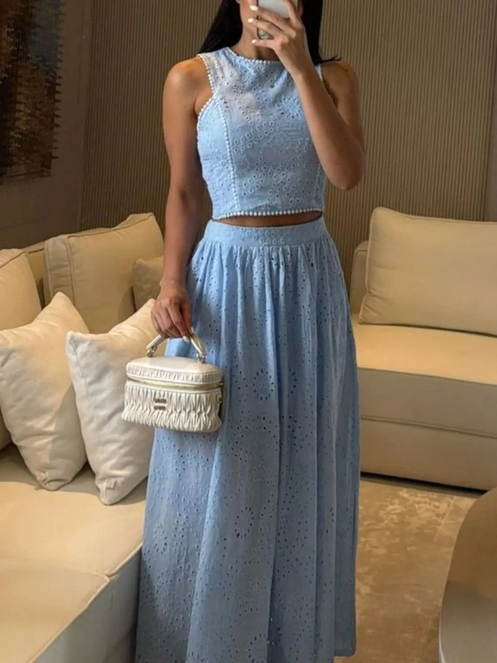 Eyelet Crop Top and Maxi Skirt Set