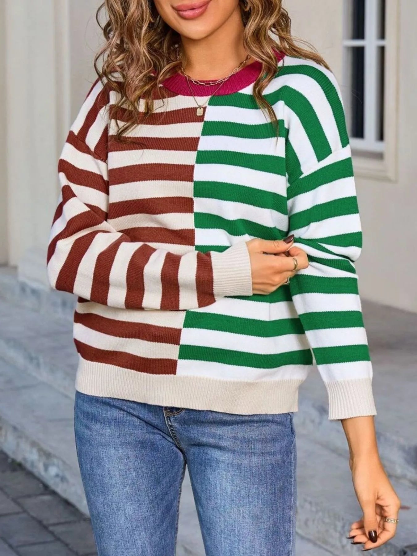 Striped Round Neck Long Sleeve Sweater