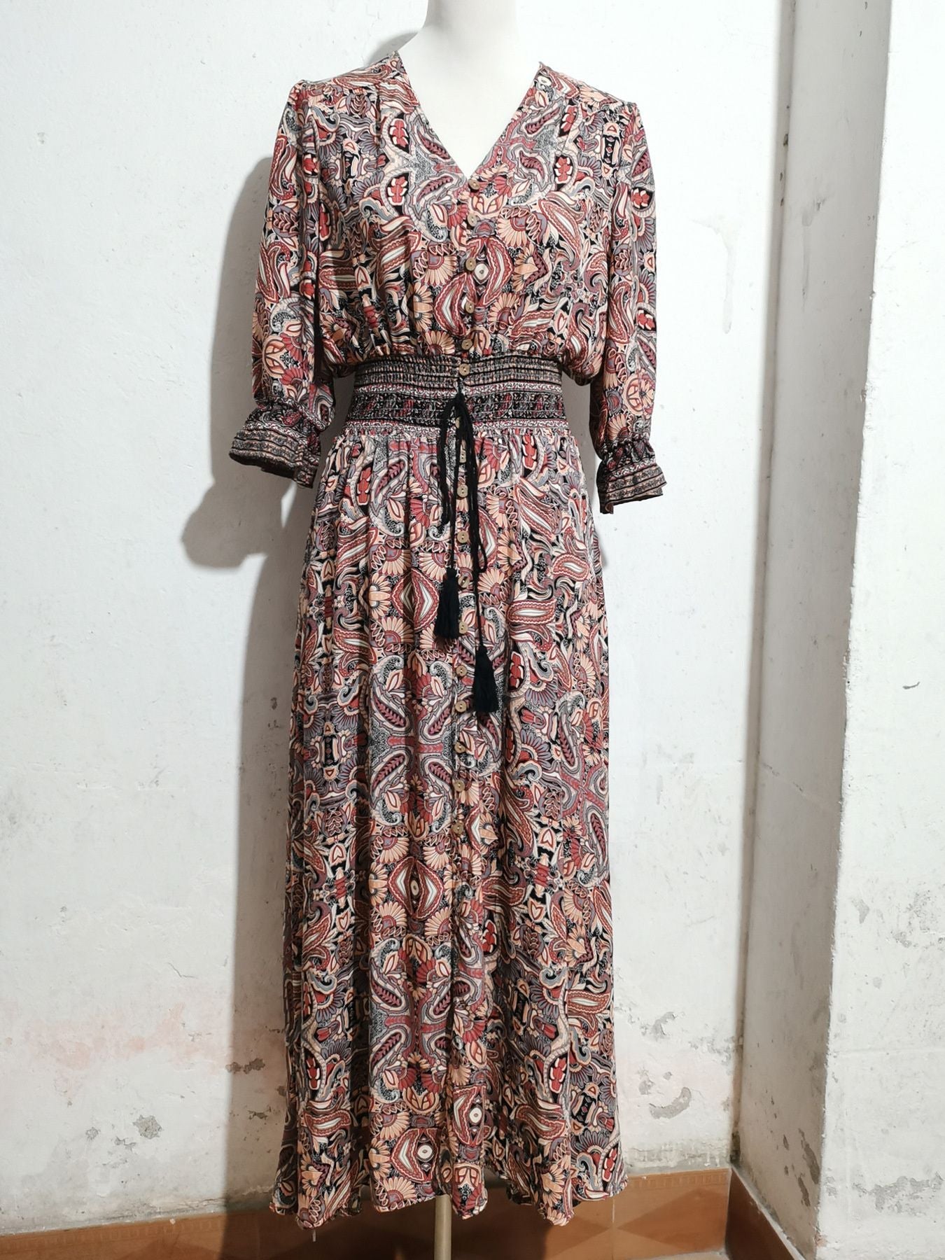 Paisley Print Half Sleeve Slit Midi Dress