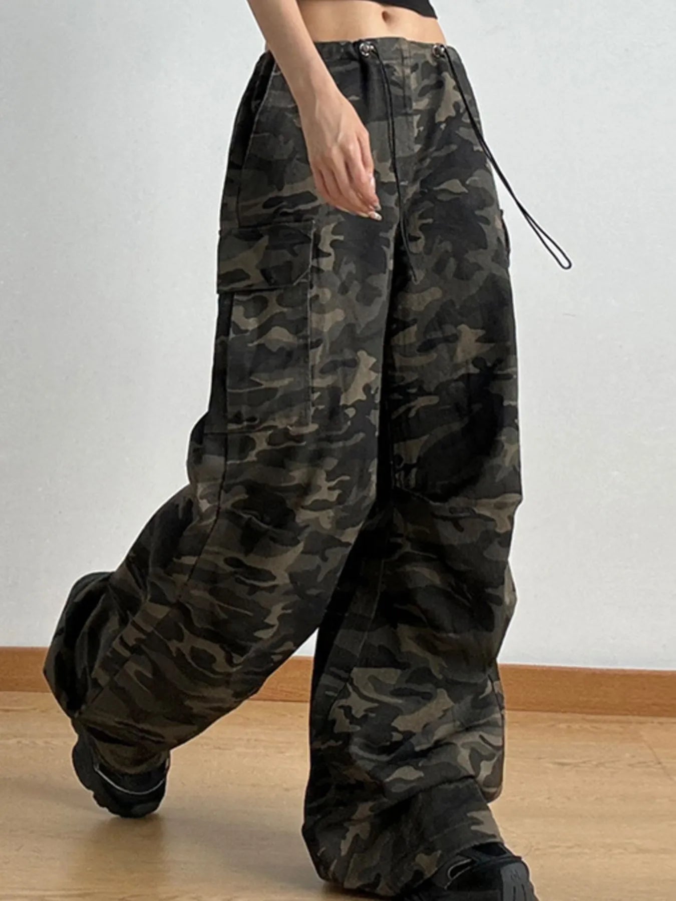 Drawstring Camouflage Cargo Wide Leg Jeans