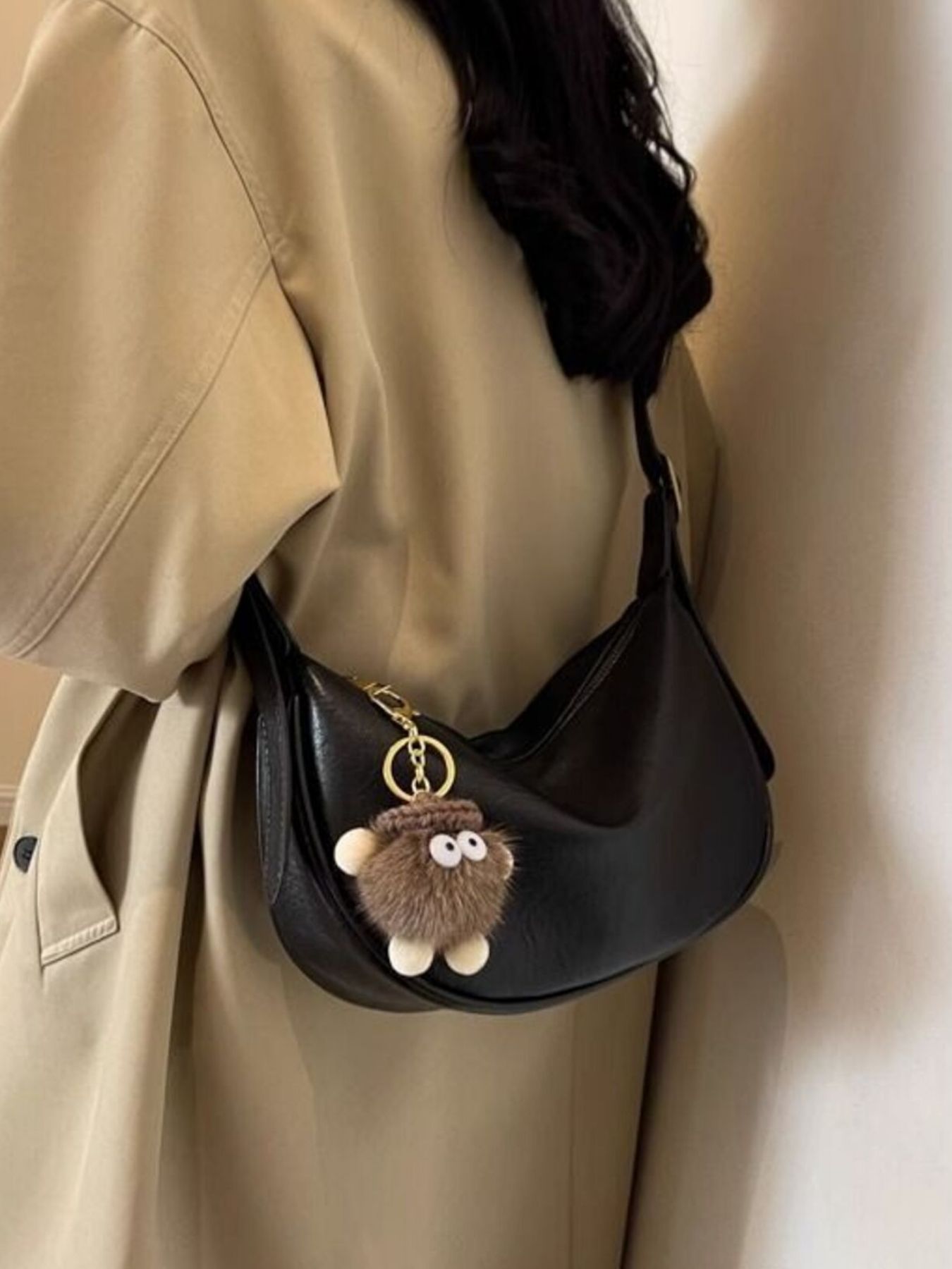 Crescent Shoulder Bag with Plush Charm