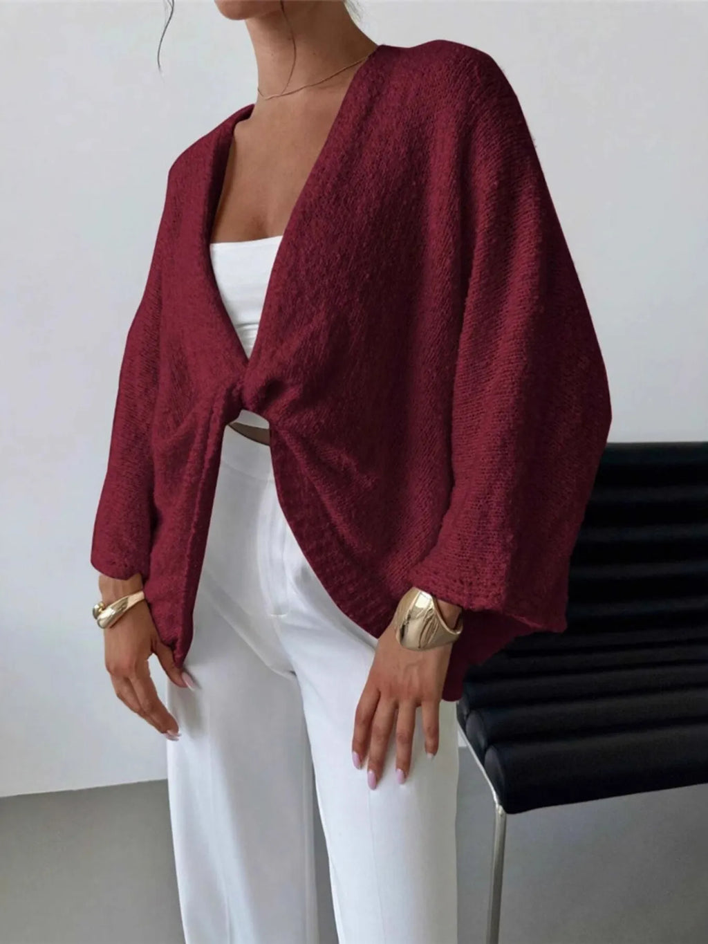 Twist-Front Textured Knit Cardigan