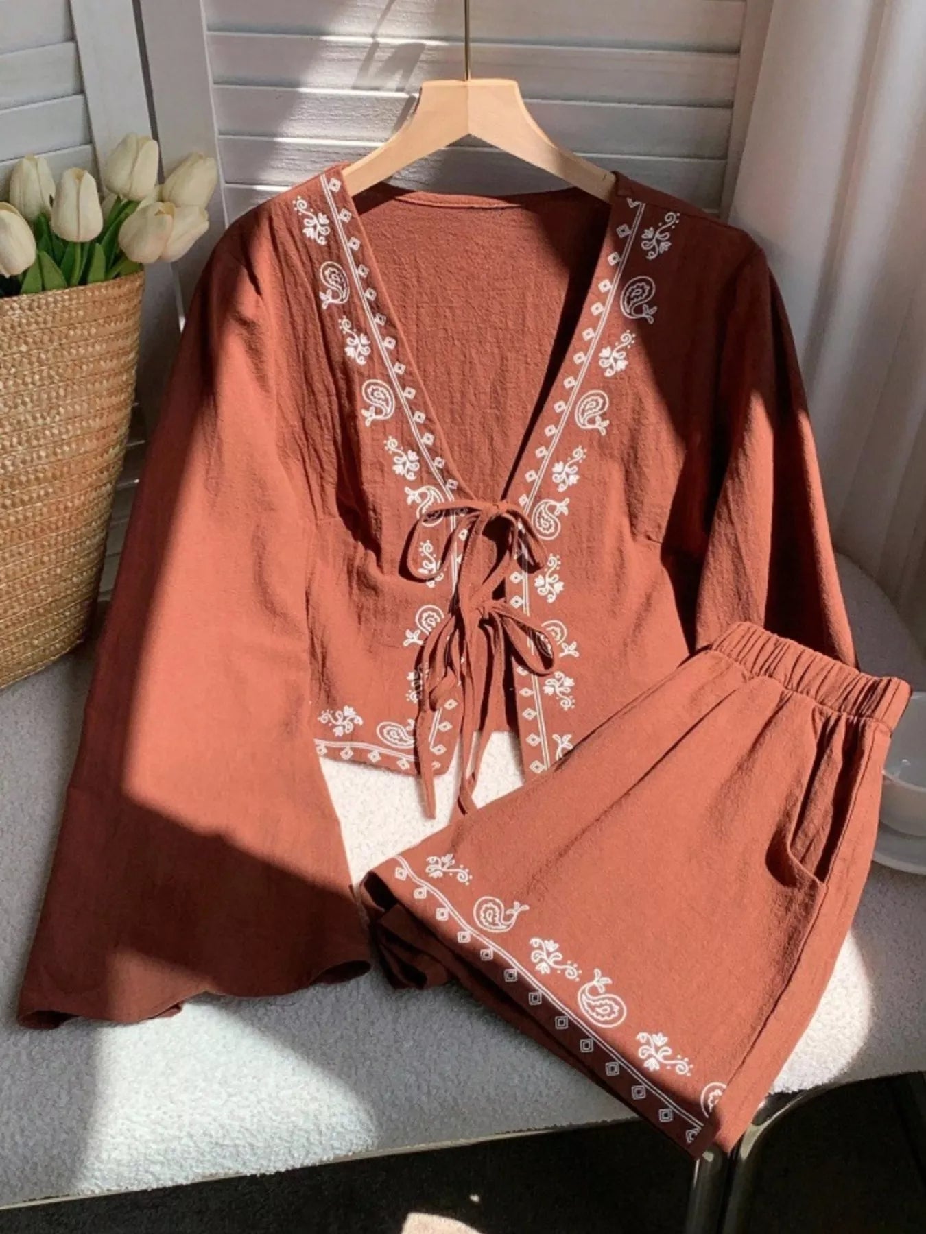 Embroidered Tie-Front Top & Shorts Set