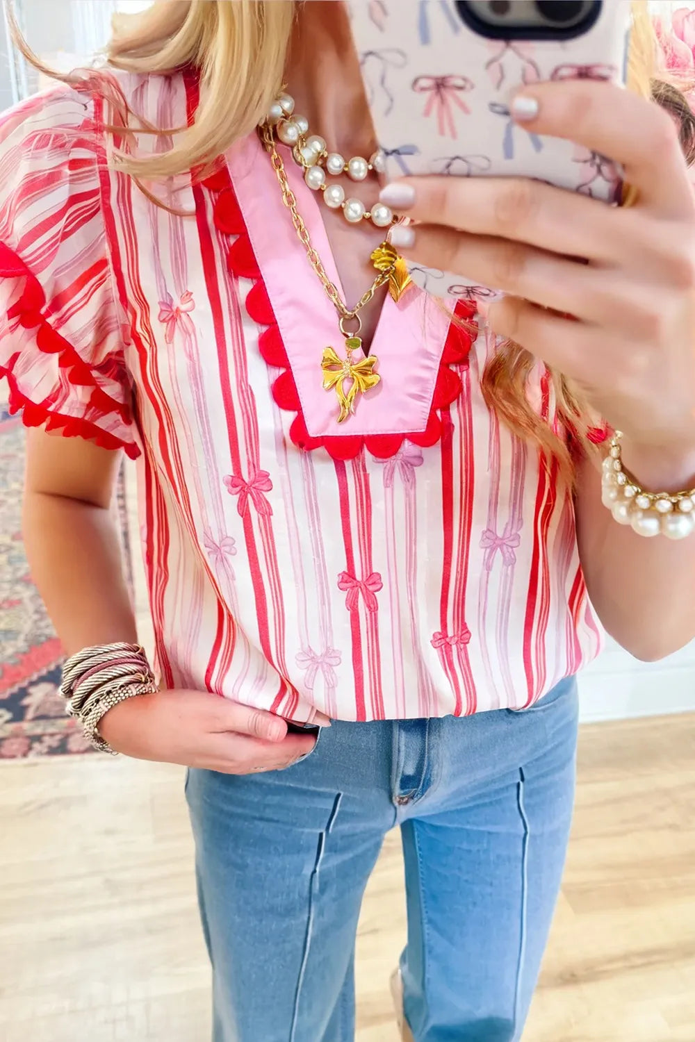Ric-Rac Trim Ruffled Sleeve Striped Printed Blouse