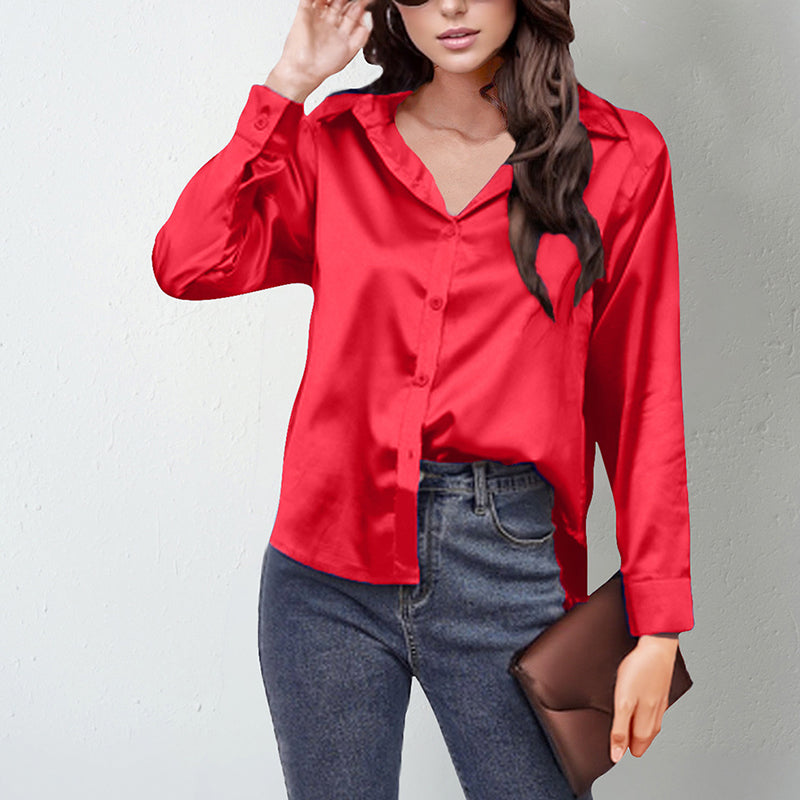 Women’s Satin Lapel Button-Down Blouse