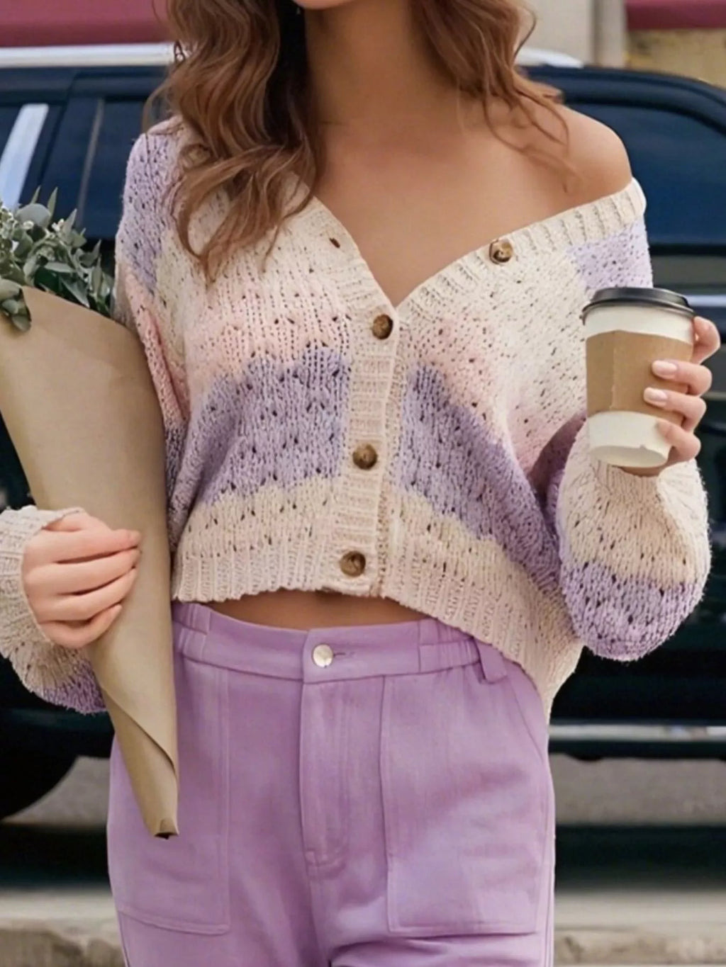 Color Block Button Up Cardigan