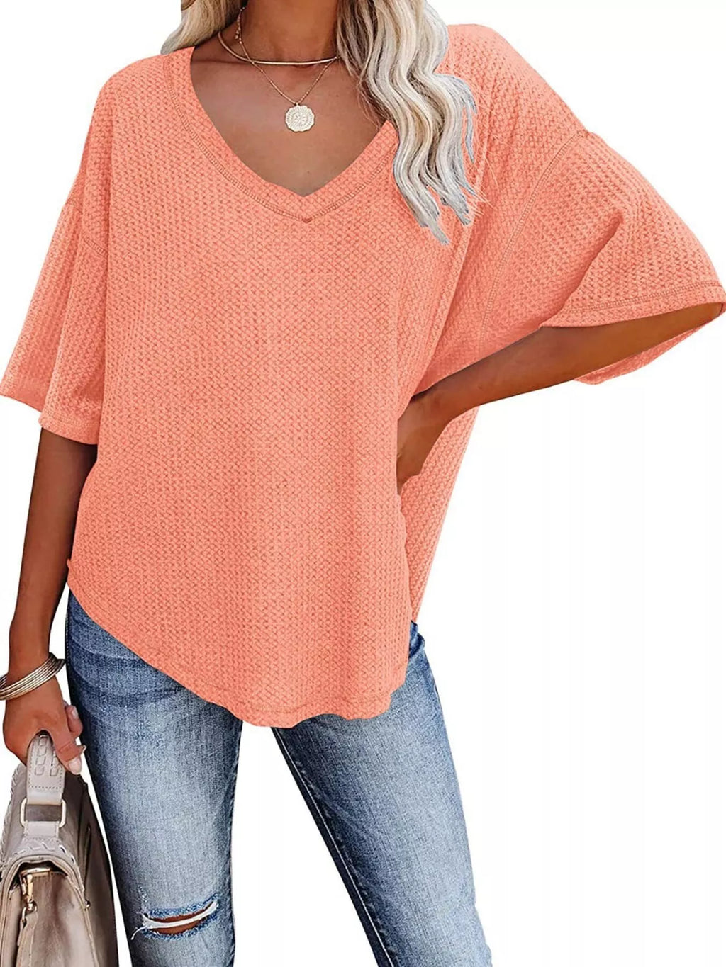 Waffle Knit V-Neck Short Sleeve T-Shirt