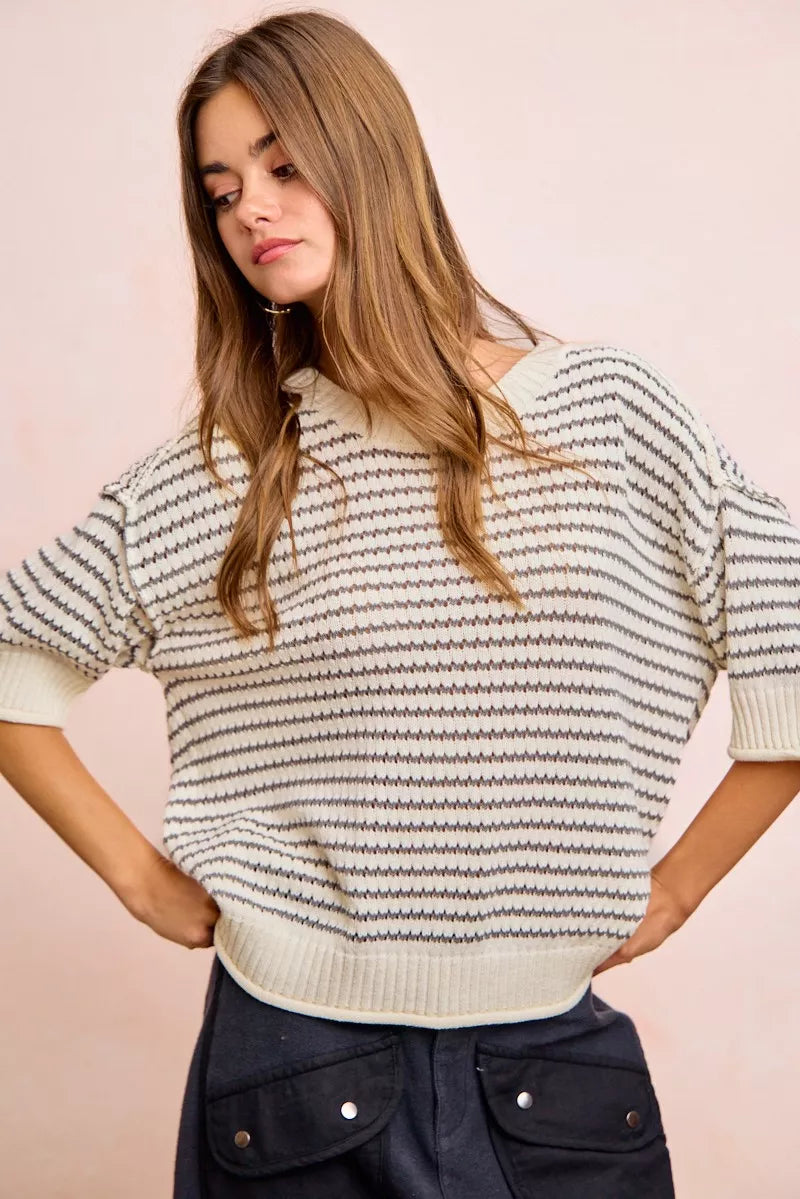 BiBi Stripes Short Sleeves Rib Banded Outseam Knit Top