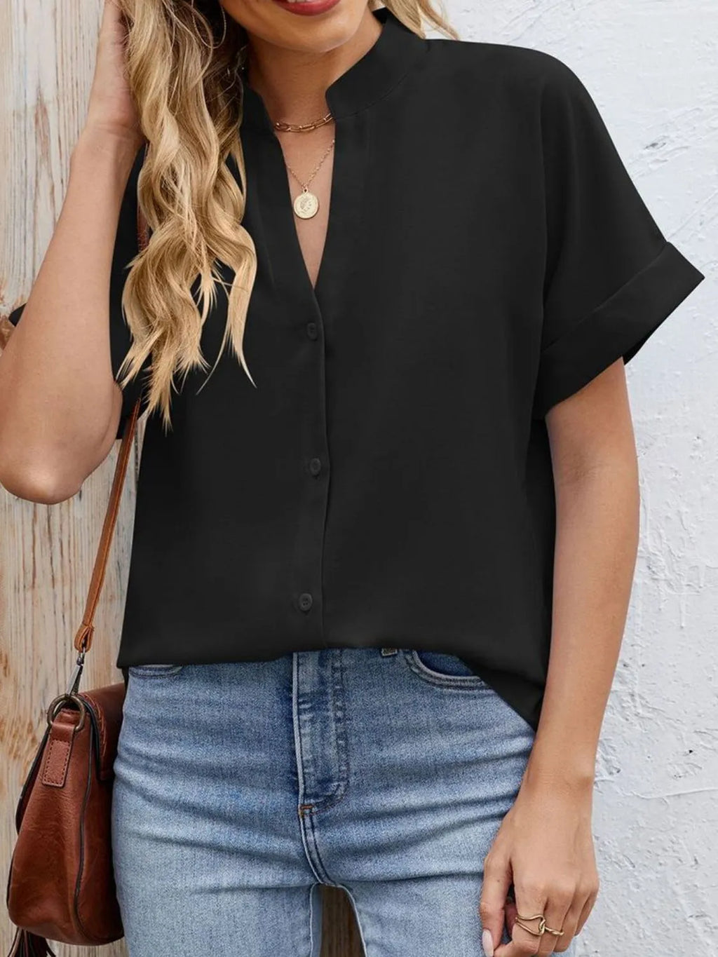 Notched Short Sleeve Blouse