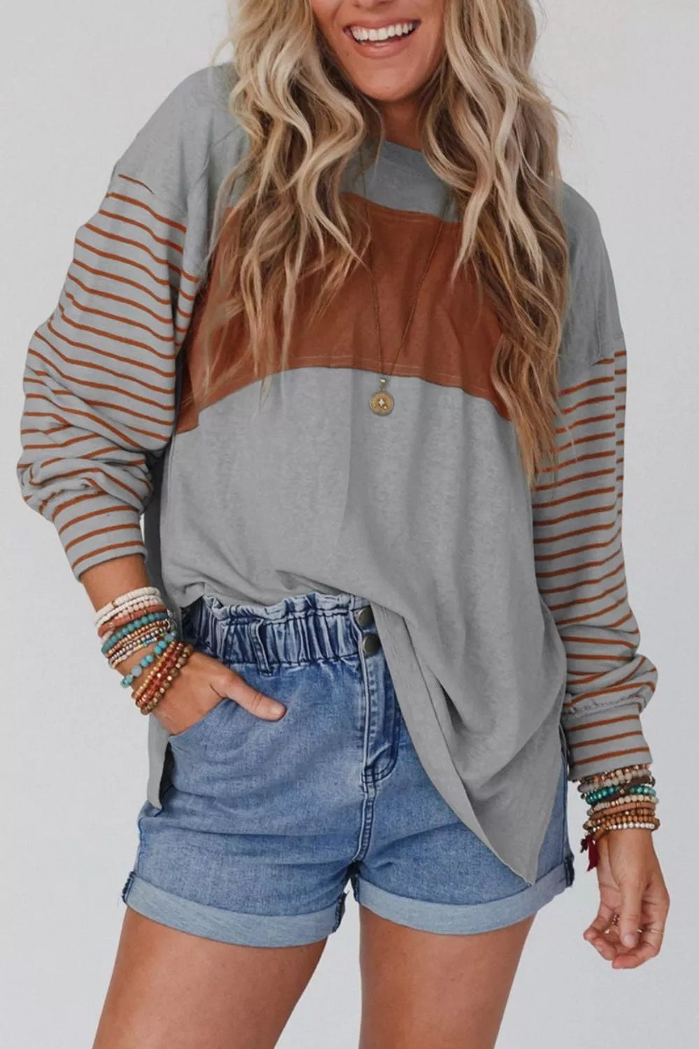 Colorblock Striped Bishop Sleeve Top
