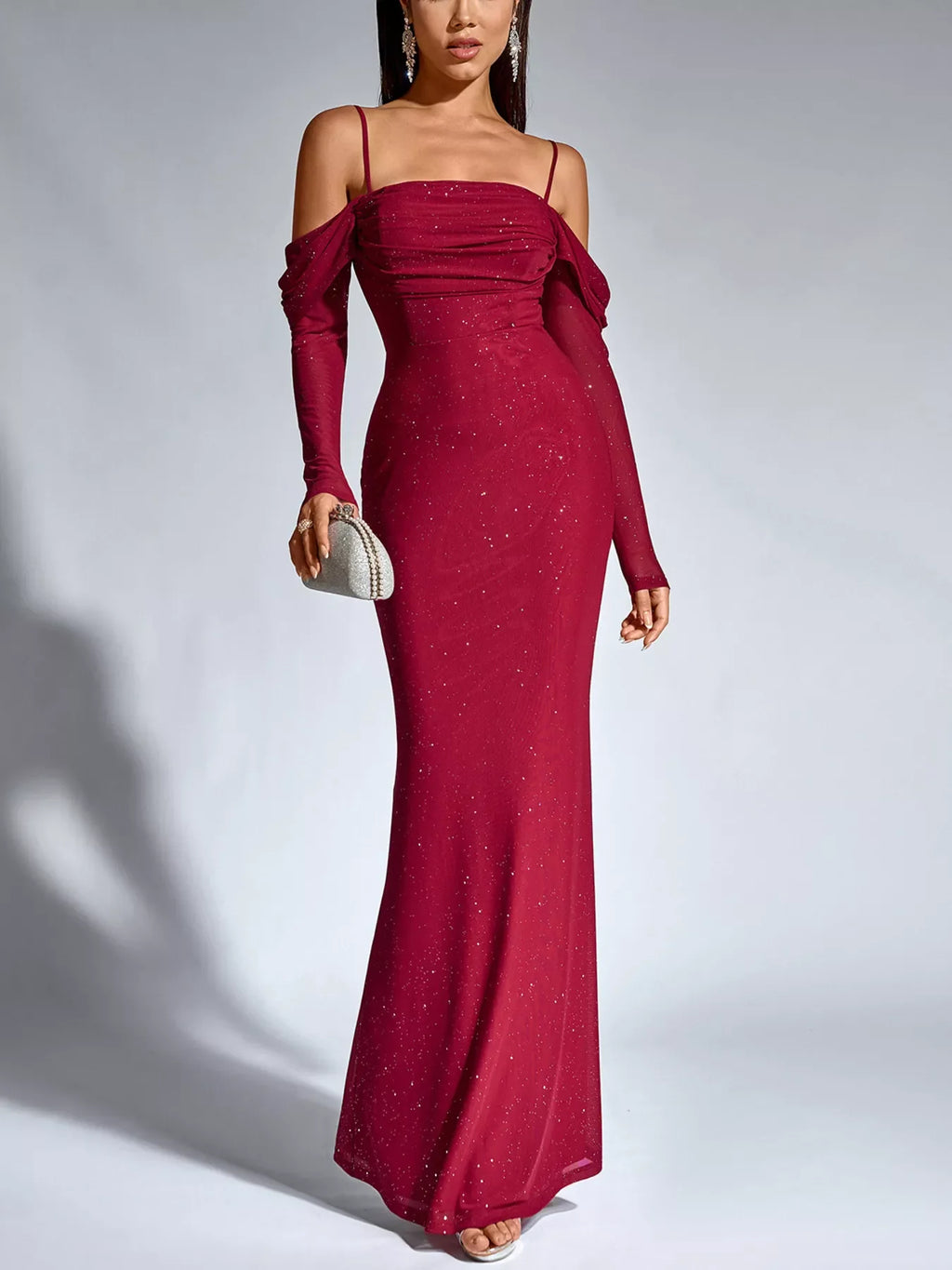 Glitter Ruched Long Sleeve Mermaid Maxi Dress