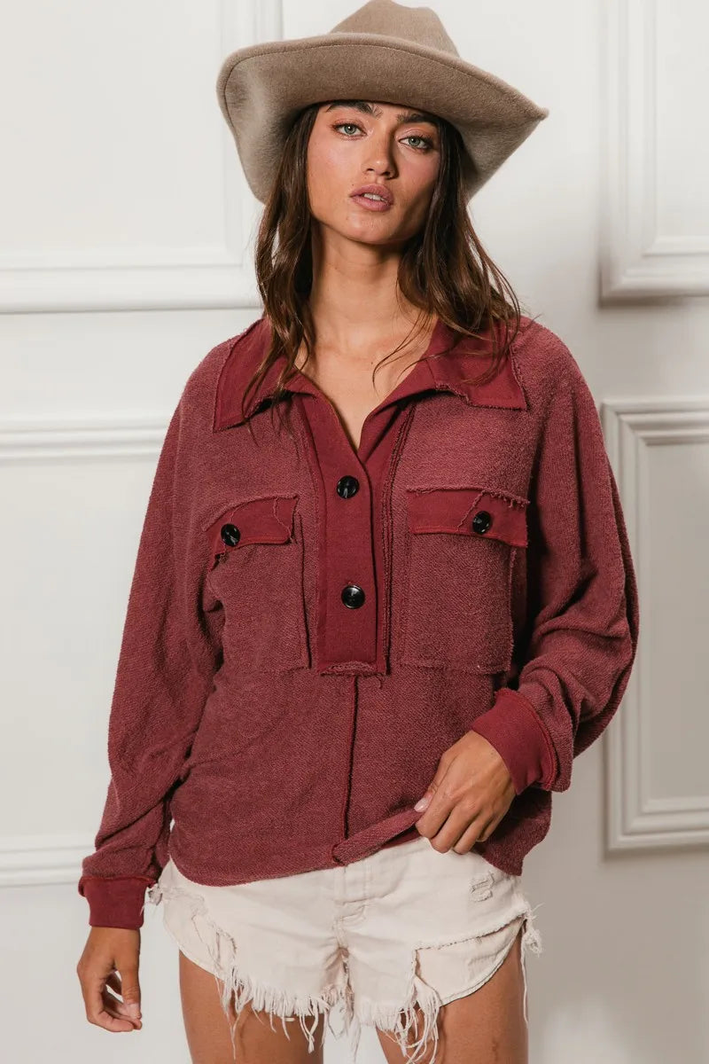 BiBi Cp French Terry Cut Edge Detail Collared Top