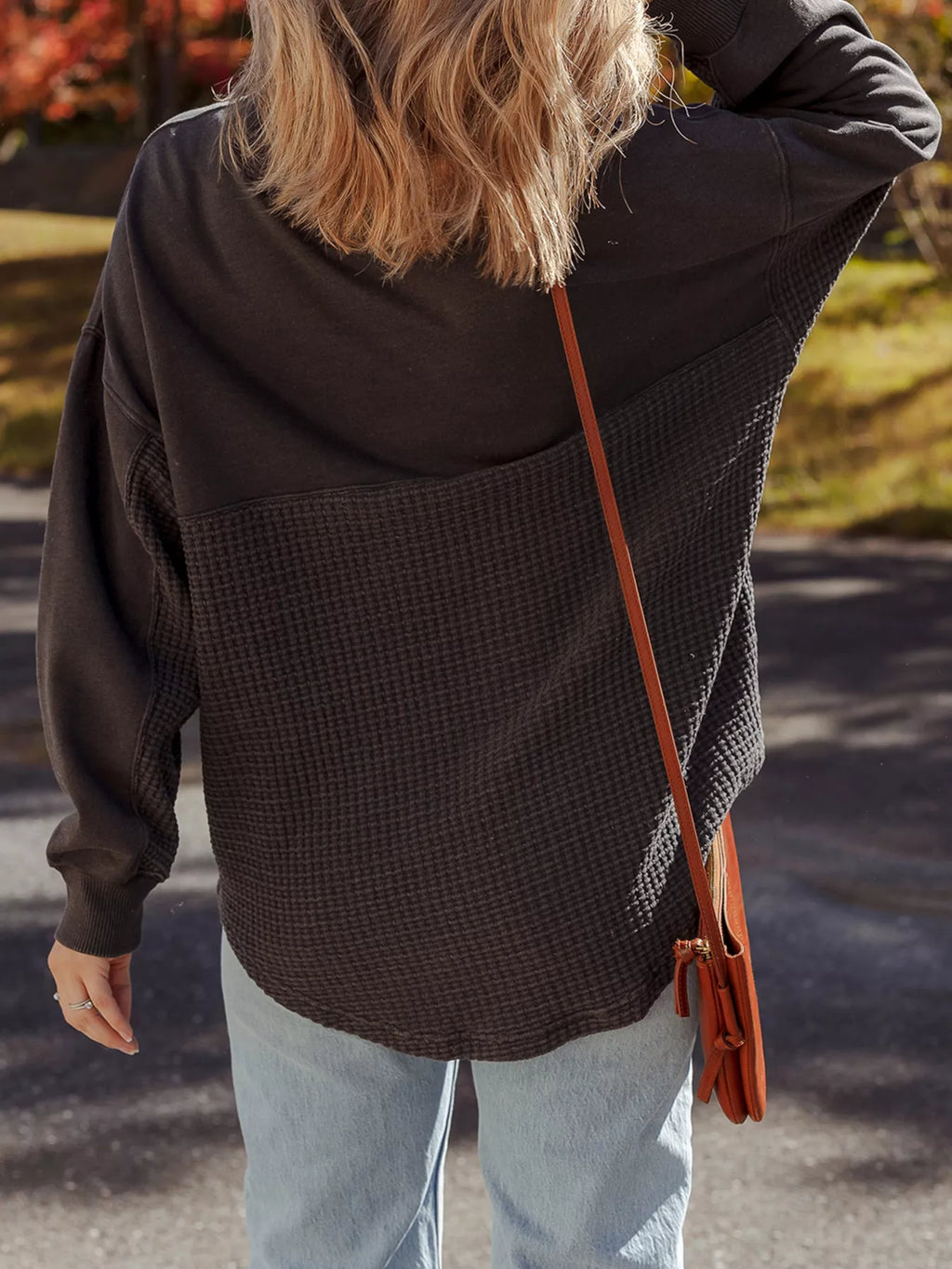 Waffle Knit Patchwork Half Zipped Casual Sweatshirt