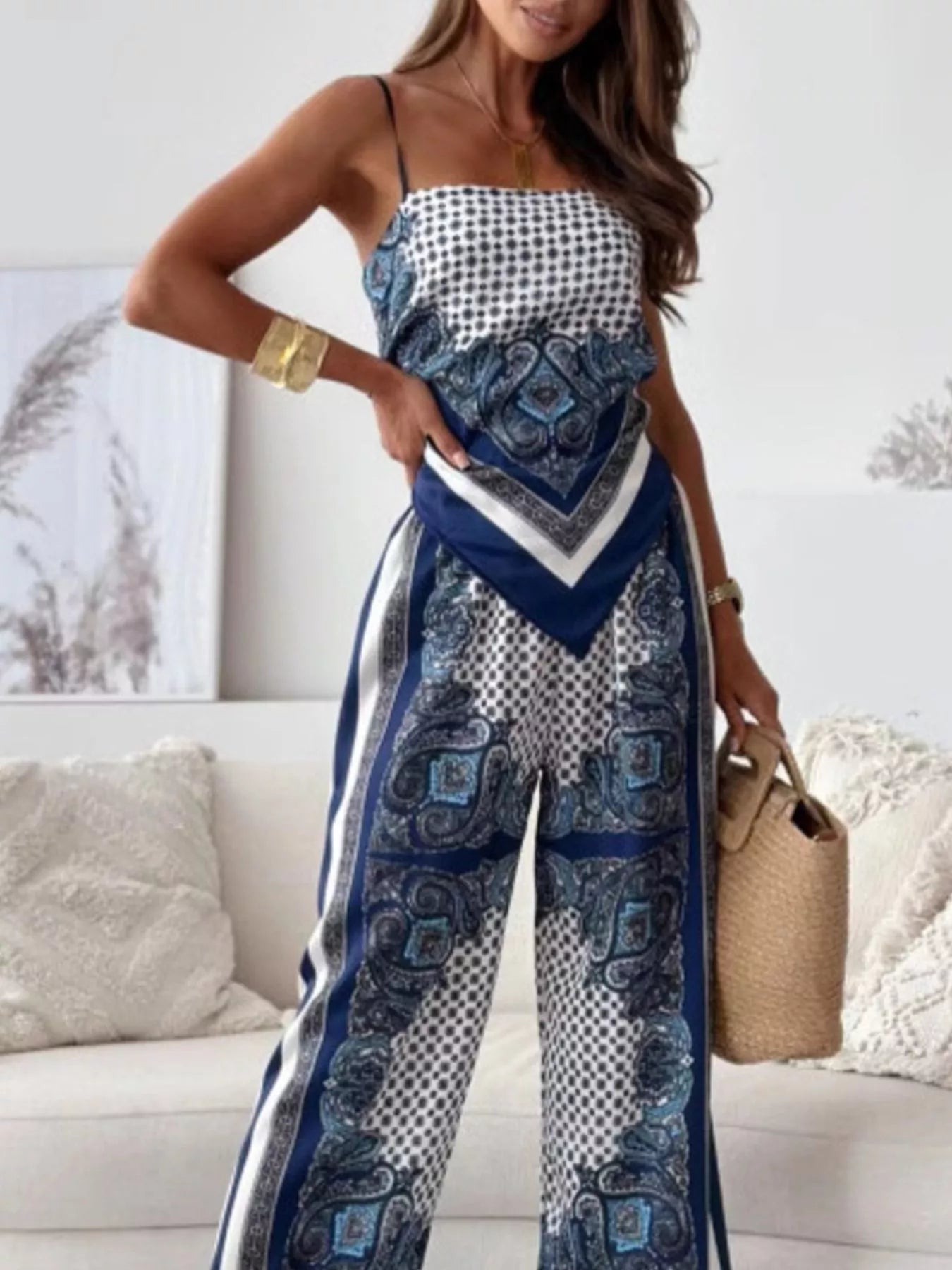 Printed Cami and Wide Leg Pants Set