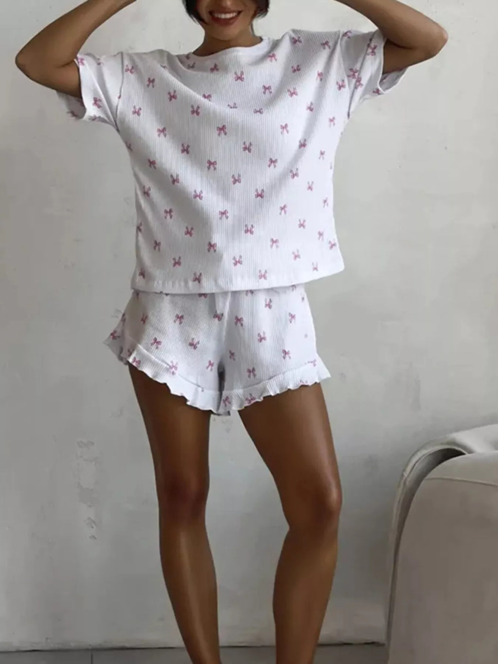 Ribbed Knit Bow Print Top and Shorts Lounge Set