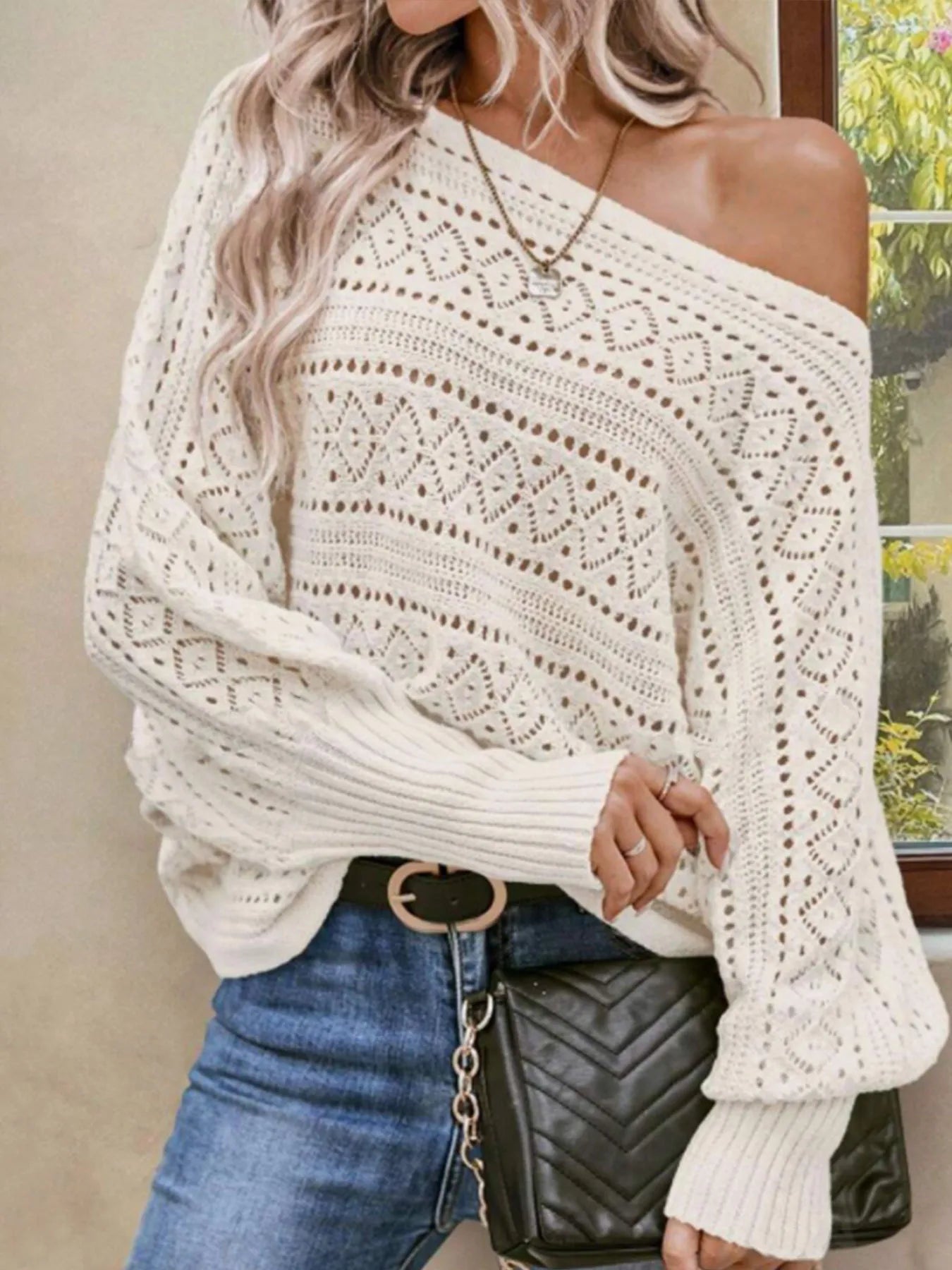Openwork Boat Neck Lantern Sleeve Sweater