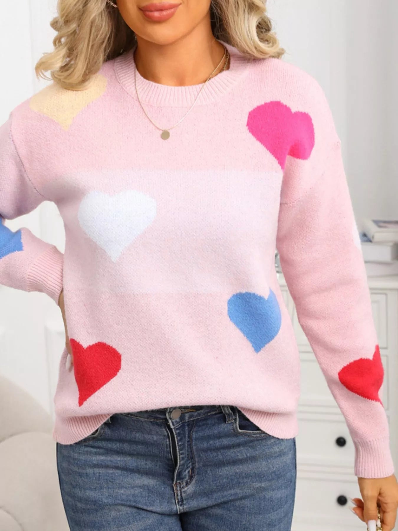 Valentine's Day Heart Round Neck Dropped Shoulder Sweater