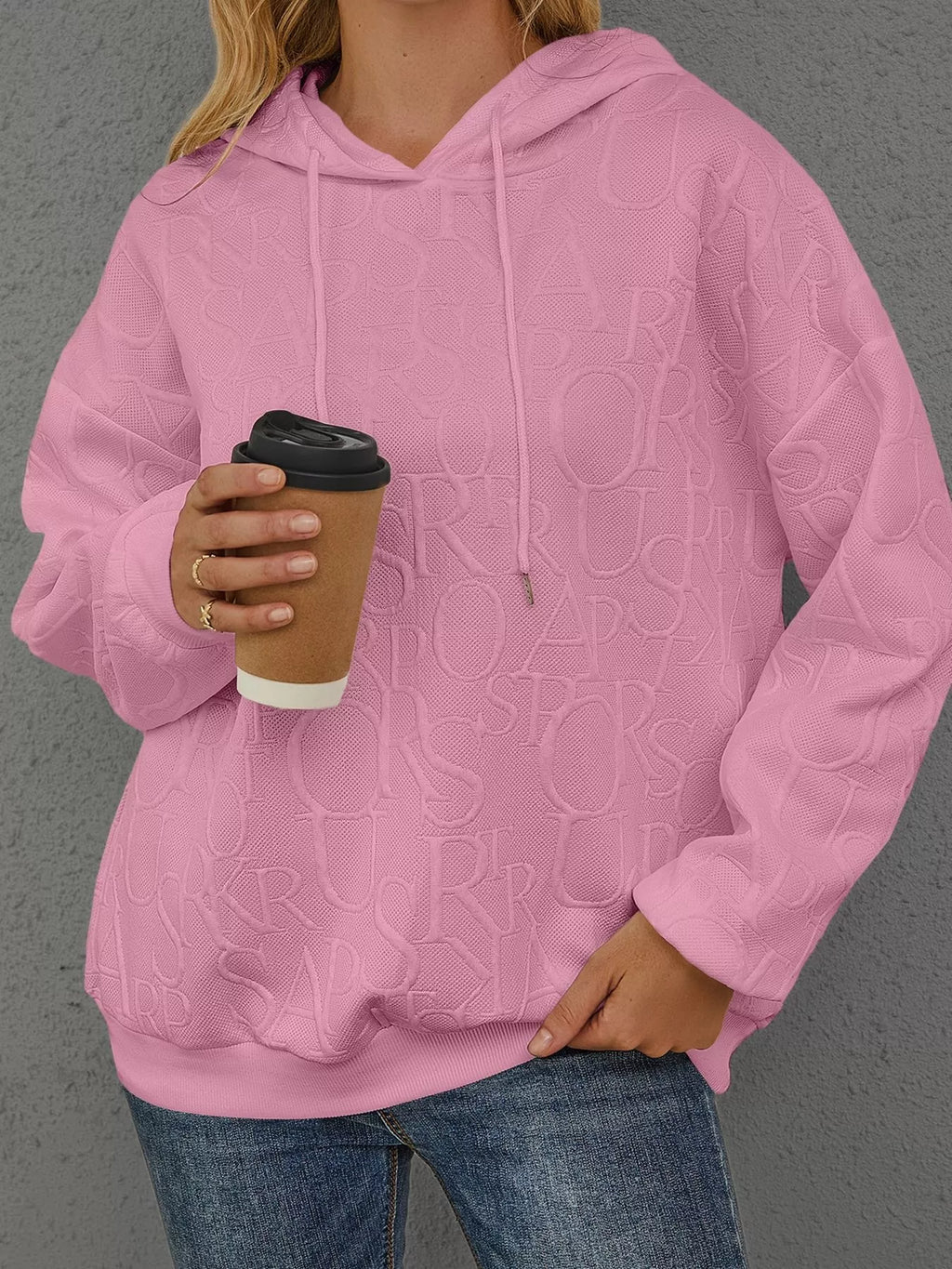 Full Size Embossed Lettering Casual Hoodie Plus Size
