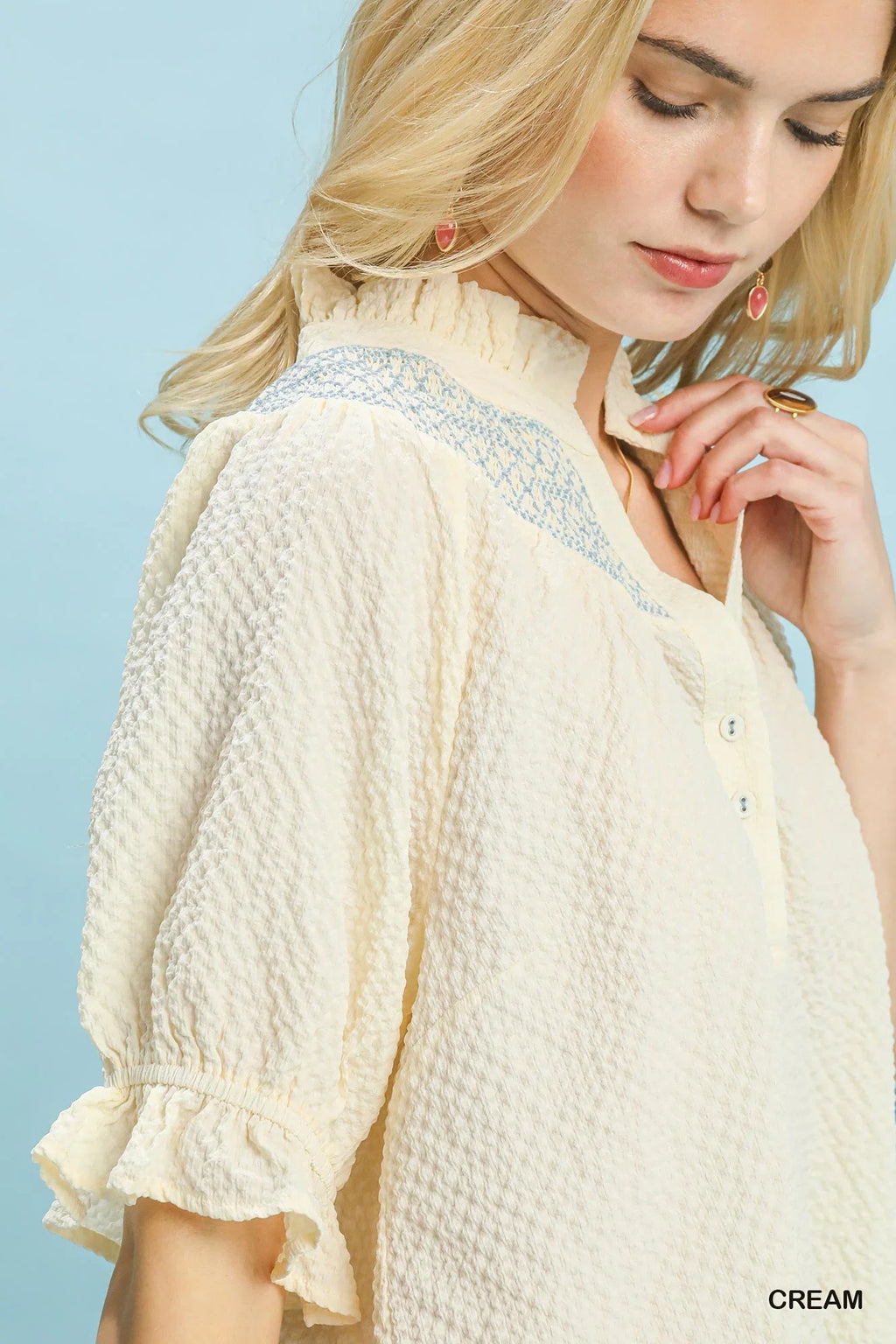 Umgee Textured Henley Blouse with Ruffle Cuffs