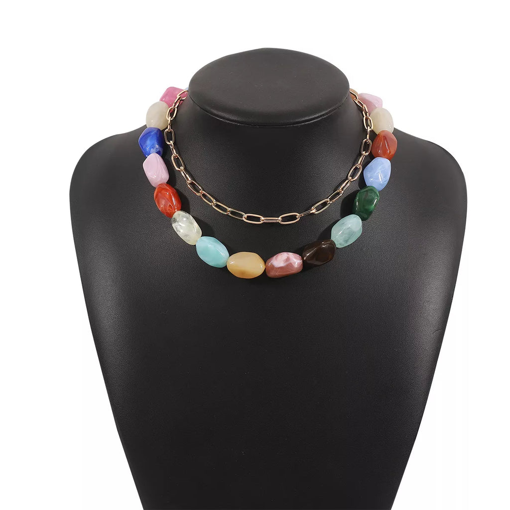 2 Piece Colorful Beaded Chain Necklace