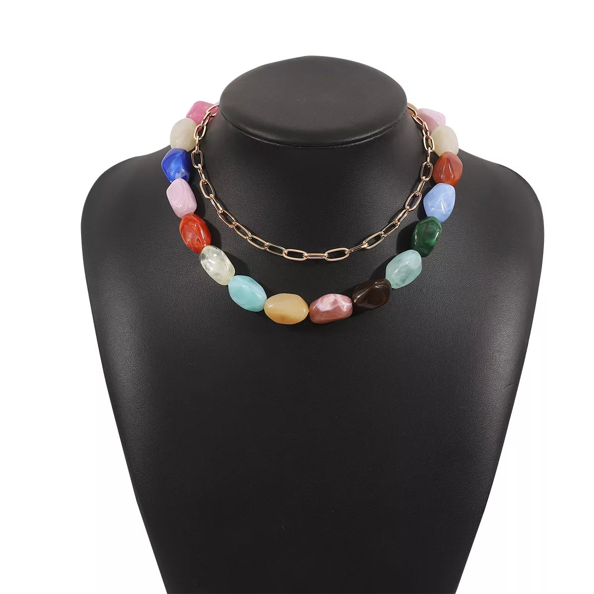 2 Piece Colorful Beaded Chain Necklace