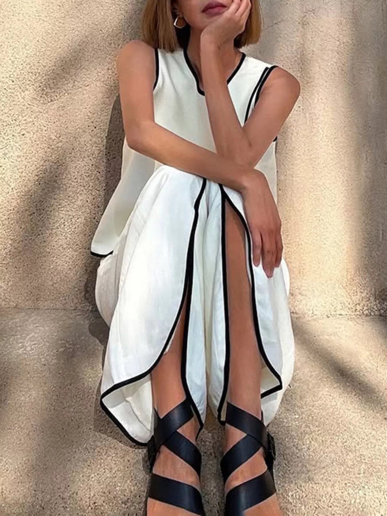 Contrast Trim Sleeveless Top and Wide-Leg Pants Set