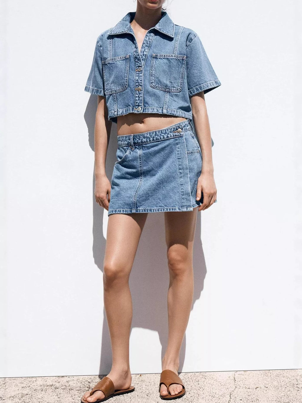 Button Up Short Sleeve Top and Skort Denim Set