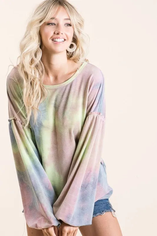 BiBi Tie Dye French Terry Sweatshirt With Bubble Sleeves