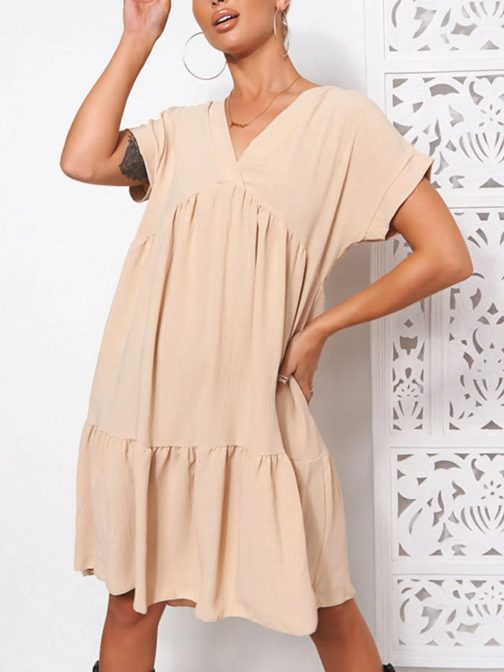 V-Neck Babydoll Tiered Mini Dress