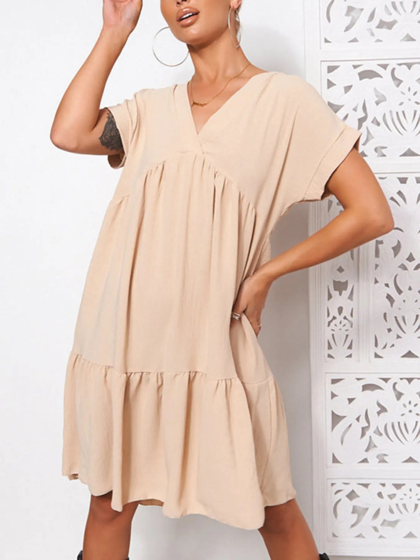 V-Neck Babydoll Tiered Mini Dress