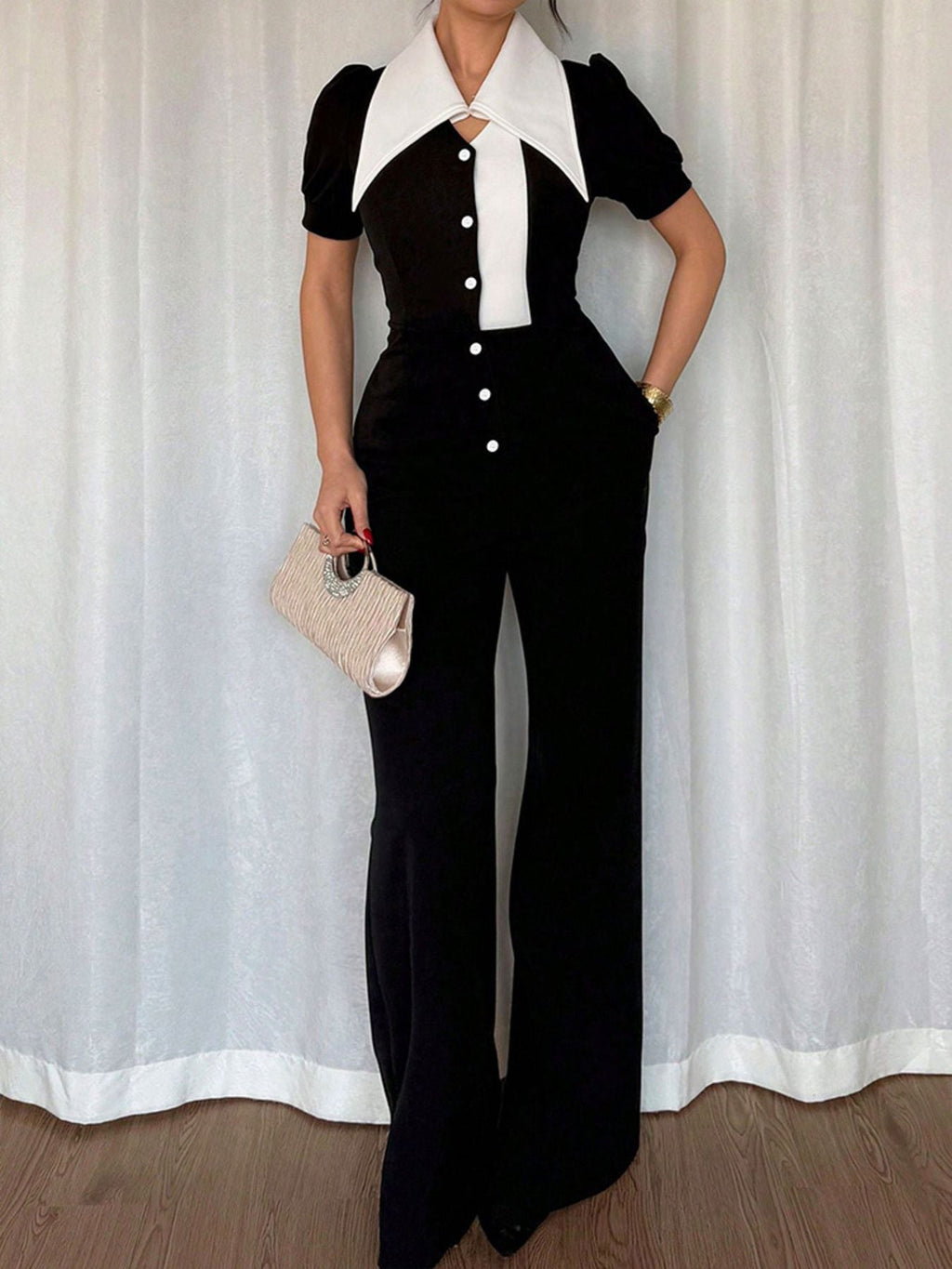 Contrast Button-Down Wide Leg Jumpsuit