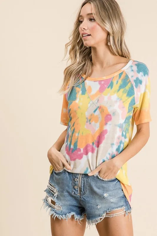BiBi Tie Dye Print Short Sleeve T-Shirt with Raglan Sleeves