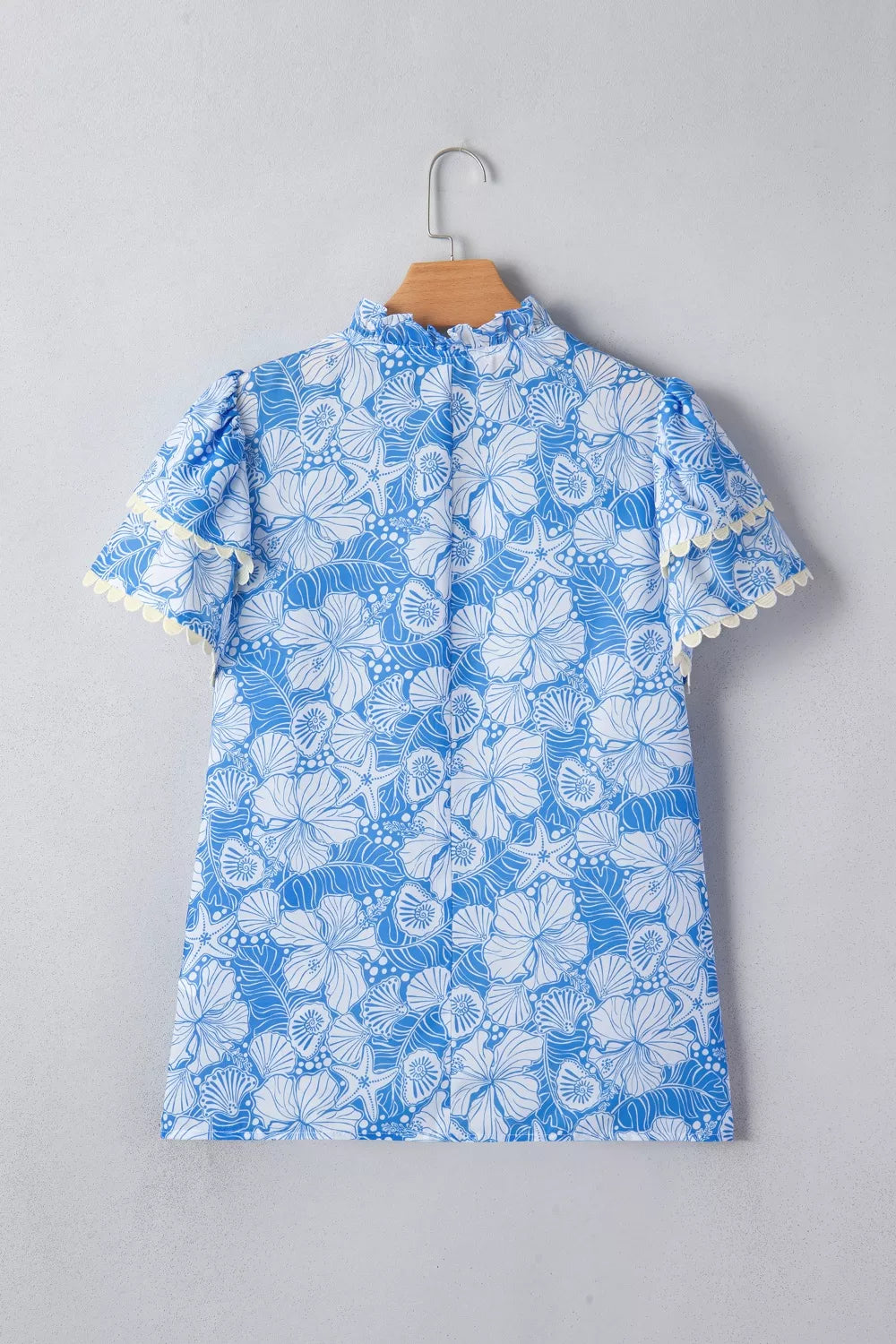 Floral Print Scalloped Trim V Neck Short Sleeve Blouse