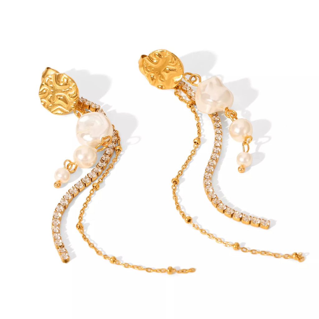 18K Gold-Plated Zircon Pearl Chain Earrings
