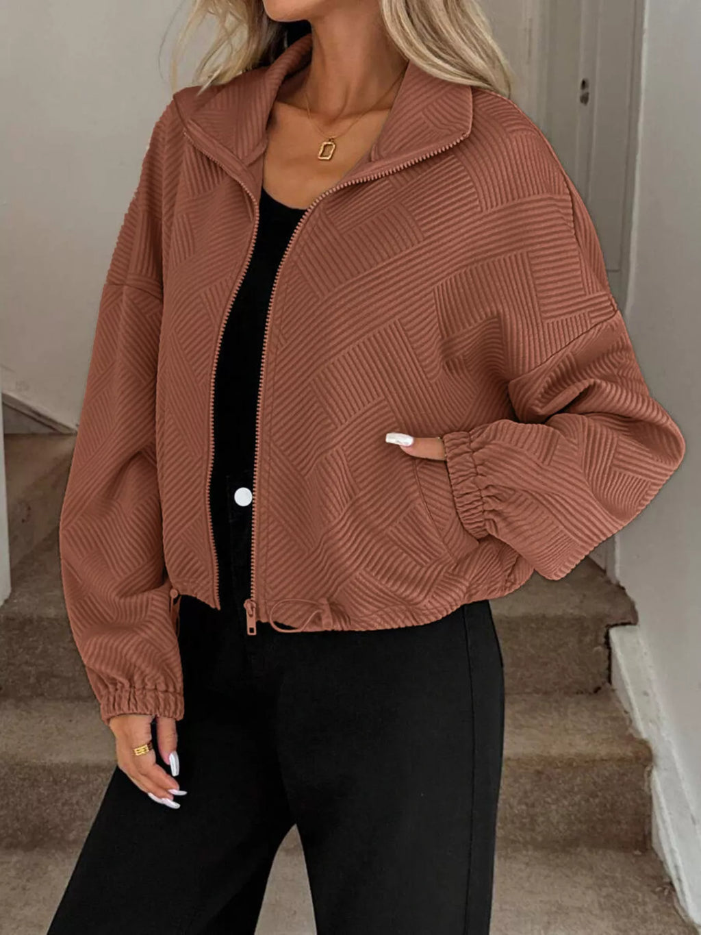 Drawstring Hem Textured Long Sleeve Jacket