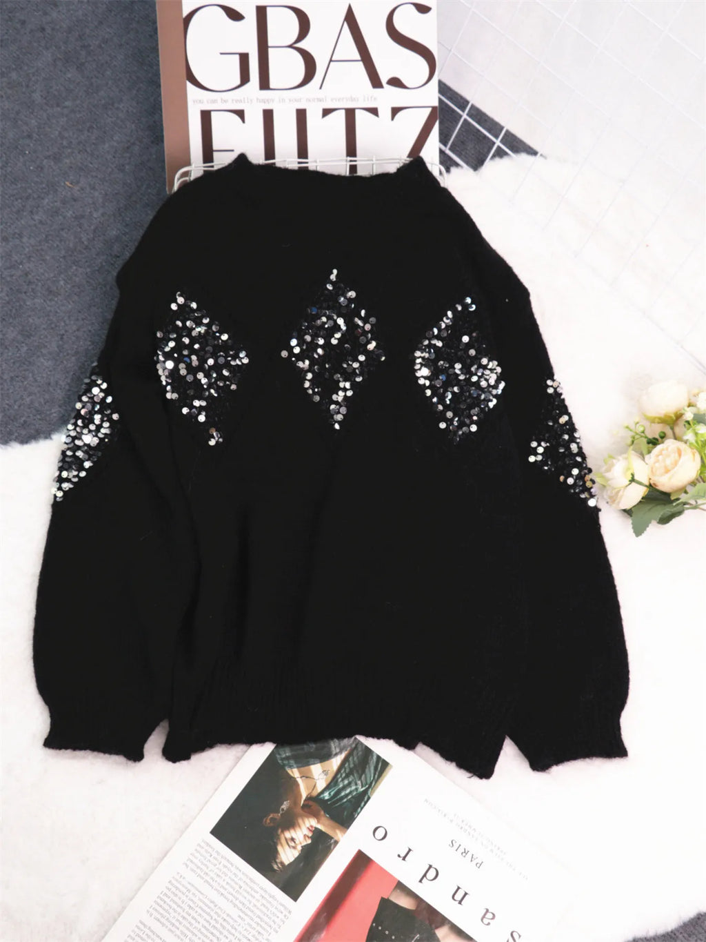 Sequined Diamond Pattern Oversized Sweater