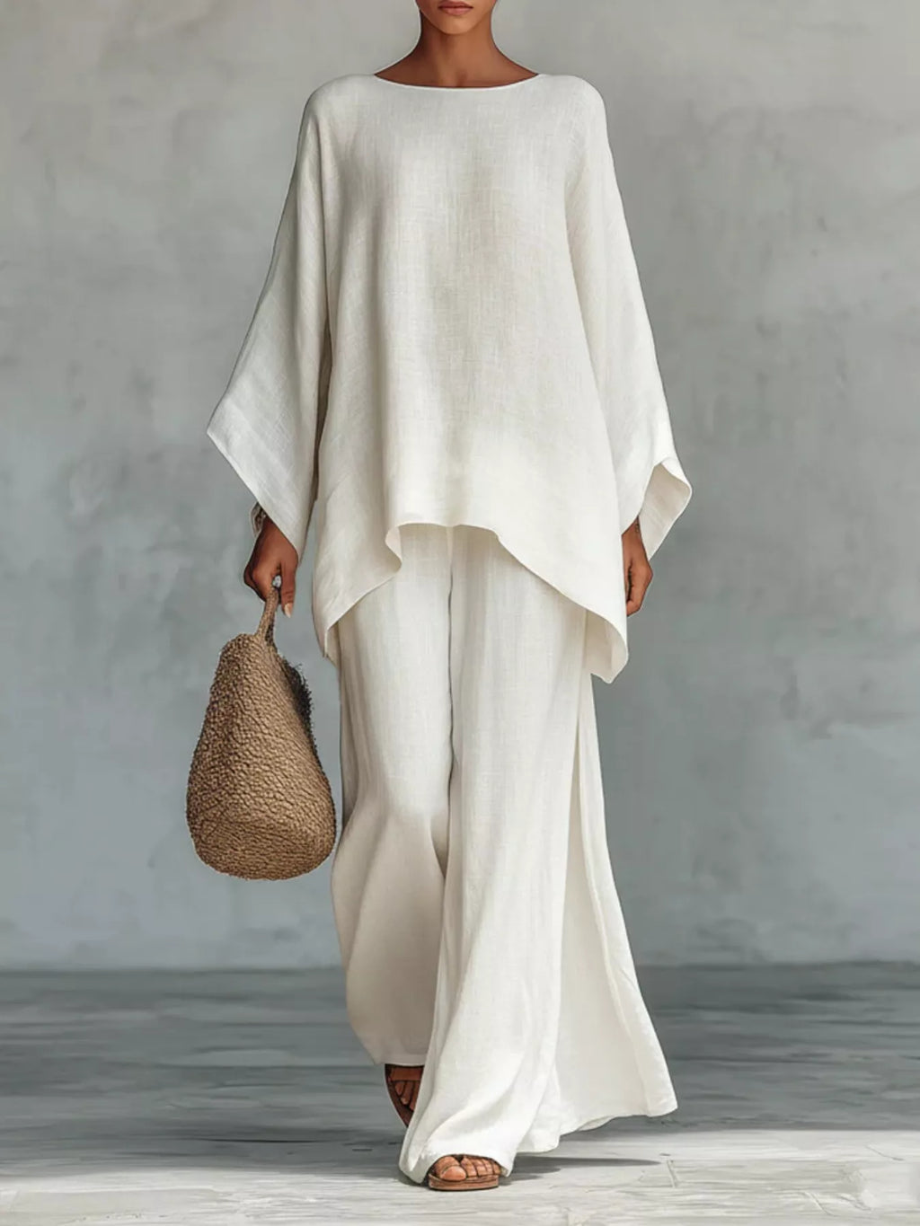 Solid Color Long Sleeve Top and Wide Leg Pants Set